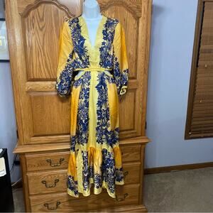 Sandro Willow Maxi Dress Yellow Blue Floral Pullover Boho Artsy Women’s Sz 2